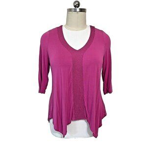 Adrianna Papell | Pink V Neck 3/4 Sleeve Sharkbite Hem Top 1X